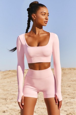 Oh Polly Accomplish Seamless Long Sleeve Crop Top Bo+Tee Tops Pink | ZNIL-25436