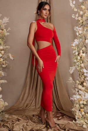 Oh Polly Adoria Single Sleeve Cut Out Maxi Dress Maxi Dress Red | HTBS-54270