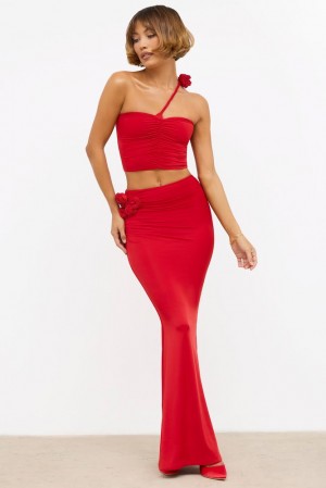 Oh Polly Aisling Slinky Jersey Rose Detail Mid-Rise Maxi Skirt Skirts Scarlet Red | IFWX-56289