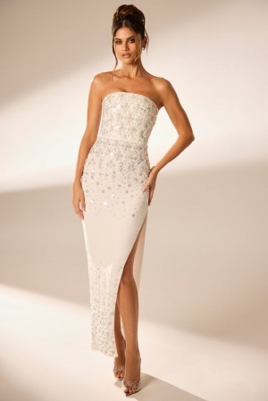 Oh Polly Alcyone Hand Embellished Bandeau Maxi Dress Maxi Dress Ivory | VHEN-04897