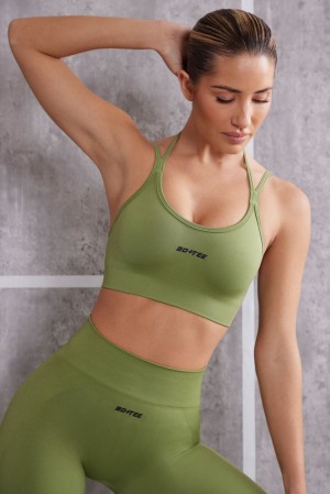 Oh Polly Aligned Scoop Neck Sports Bra Sports Bras Olive | PBOU-37415