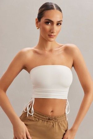 Oh Polly Alisa Ruched Bandeau Crop Top Womens Tops Ivory | HXWI-91476