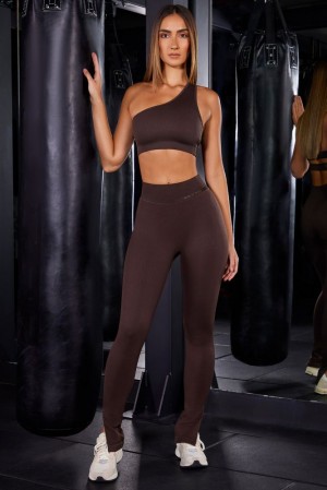 Oh Polly All Fired Up High Waist Split Flare Ribbed Leggings Gym Leggings Brown | ASZN-20635