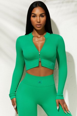 Oh Polly All The Way Long Sleeve Zip Crop Top Bo+Tee Tops Green | UFDZ-75194