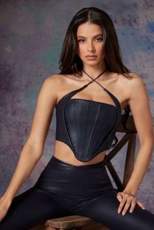 Oh Polly Amdis Vegan Leather Corset Crop Top Womens Tops Midnight Black | QRED-82046