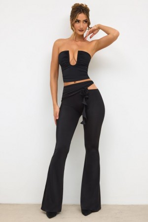 Oh Polly Angelika Petite Premium Jersey Rose Detail Mid-Rise Flare Trousers Women's Trousers Black | SDPK-83596