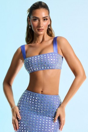 Oh Polly Asani Embellished Square Neck Crop Top Womens Tops Blue | JESI-73469