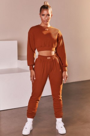 Oh Polly At Ease Ribbed Cropped Oversized Sweatshirt Sweatshirts Light Brown | TZSJ-75906