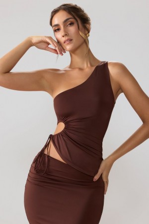 Oh Polly Aura Slinky Jersey Ruched Cut Out One Shoulder Top Womens Tops Espresso | ZPYS-69245