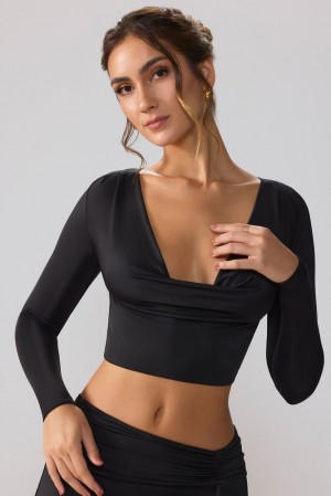 Oh Polly Avery Slinky Jersey Plunge Neck Long Sleeve Crop Top Top Womens Tops Black | OHED-21564