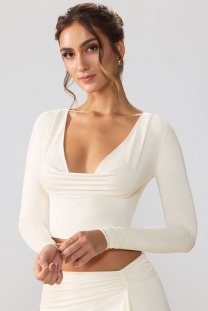 Oh Polly Avery Slinky Jersey Plunge Neck Long Sleeve Crop Top Top Womens Tops Ivory | VHDK-42719