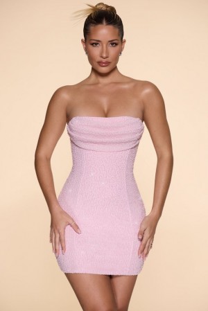 Oh Polly Basel Embellished Strapless Cowl Neck Mini Dress Mini Dress Blush | VTOW-93517