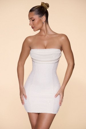 Oh Polly Basel Embellished Strapless Cowl Neck Mini Dress Mini Dress Ivory | YEBA-40271