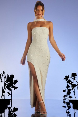 Oh Polly Belgravia Embellished Bandeau Maxi Dress Maxi Dress Ivory | VLNP-45327