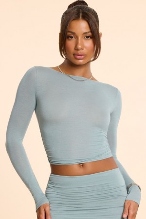 Oh Polly Billie Long Sleeve Straight Neck Ruched Modal Cashmere Blend Top Womens Tops Stone Blue | ZXCO-61405