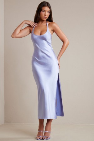 Oh Polly Blakely Bias Cut Satin Halter Neck Maxi Dress Maxi Dress Periwinkle | XFOY-12904