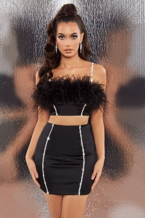 Oh Polly Bring The Party Embellished Satin Feather Crop Top Bo+Tee Tops Black | XKCG-50729