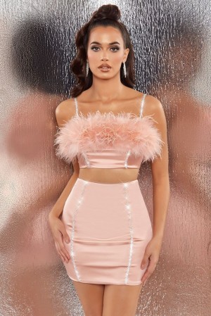 Oh Polly Bring The Party Embellished Satin Feather Crop Top Bo+Tee Tops Blush | FVOK-94851