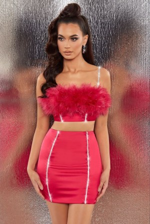 Oh Polly Bring The Party Embellished Satin Feather Crop Top Bo+Tee Tops Hot Pink | CQKV-61534