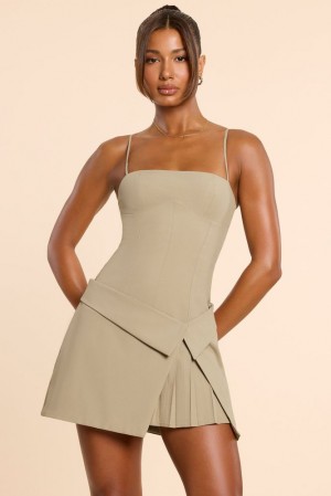 Oh Polly Bruna Woven Twill Wrap Over Pleated Mini Dress Mini Dress Taupe | QPKS-40897