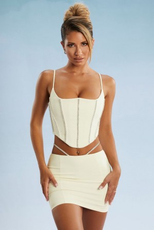 Oh Polly Caia Embellished Corset Crop Top Bo+Tee Tops Ivory | UHBR-32514