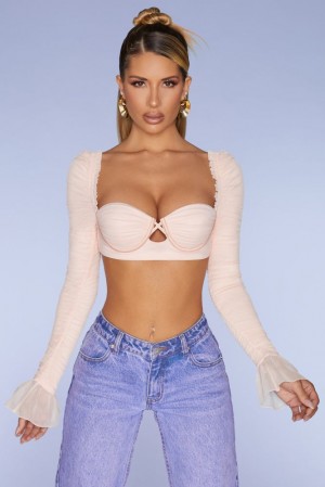 Oh Polly Chamonix Long Sleeve Ruched Crop Top Womens Tops Blush | PKJZ-75604