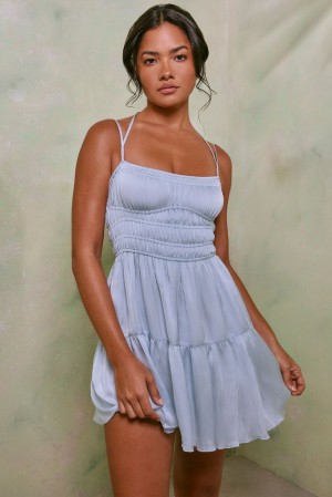 Oh Polly Clelia Shirred Bodice A-Line Mini Dress Mini Dress Sky Grey | JWBT-85427