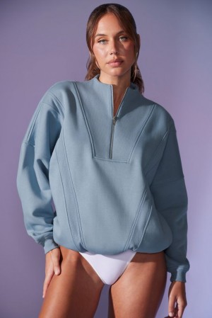 Oh Polly Comfort Zone Oversized Half Zip Sweatshirt Sweatshirts Denim Blue | RHPN-42389