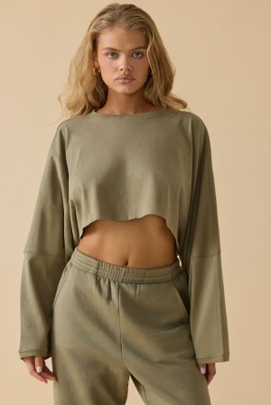 Oh Polly Day Off Oversized Long Sleeve Crop Top Bo+Tee Tops Soft Olive | BWTG-92137