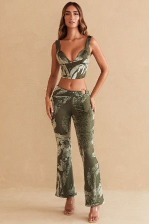 Oh Polly Defne Ring Detail Bootleg Trousers Women's Trousers Olive Print | PTKQ-32691