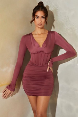 Oh Polly Della Long Sleeve Cowl Neck Corset Mini Dress Mini Dress Dark Mauve | EMCK-61970