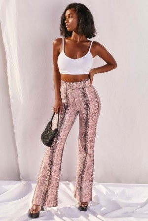 Oh Polly Drive ‘Em Wild High Waisted Wide Leg Trousers Women's Trousers Pink Snake Print | SWBJ-12567