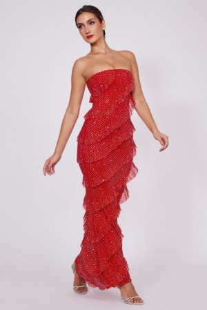 Oh Polly Dulce Embellished Strapless Ruffle Maxi Dress Maxi Dress Fire Red | HKYM-16589