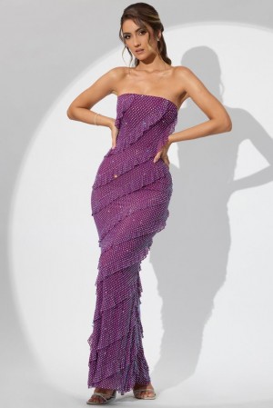 Oh Polly Dulce Embellished Strapless Ruffle Maxi Dress Maxi Dress Plum | RIEL-60732