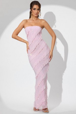 Oh Polly Dulce Embellished Strapless Ruffle Maxi Dress Maxi Dress Soft Pink | IKZD-14738