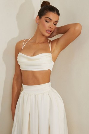 Oh Polly Dulcie Cowl Neck Heavy Satin Crop Top Womens Tops White | RHUP-61539