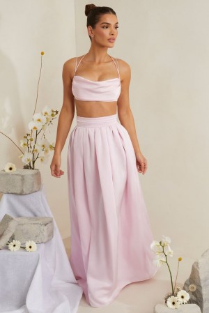 Oh Polly Edyta Pleated Heavy Satin Maxi Skirt Skirts Pink | SZWQ-18364