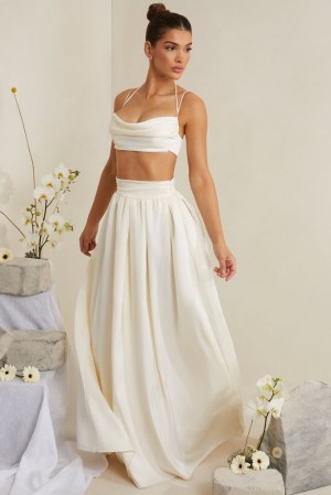 Oh Polly Edyta Pleated Heavy Satin Maxi Skirt Skirts White | PHWV-02967