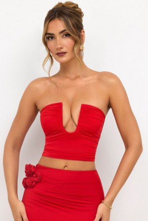 Oh Polly Eevi Premium Jersey Strapless Plunge Neck Top Womens Tops Scarlet Red | DKEH-10365