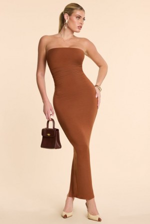 Oh Polly Eletta Strapless Ruched Modal Cashmere Blend Maxi Dress Maxi Dress Chestnut Brown | NVWY-50287