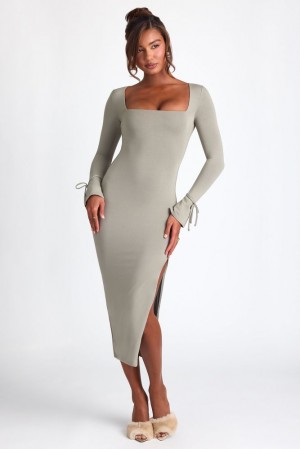 Oh Polly Elysia Modal Square Neck Long Sleeve Midaxi Dress Midaxi Dress Sage Green | UWPV-03795