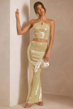 Oh Polly Emilia Sheer Sequin Mid Rise Maxi Skirt Skirts Pistachio | MYGN-60213