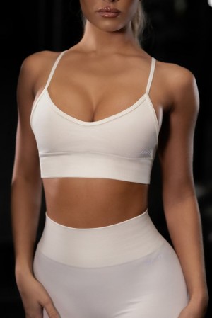 Oh Polly Empower Seamless V Neck Sports Bra Sports Bras Cream | DFWB-70143