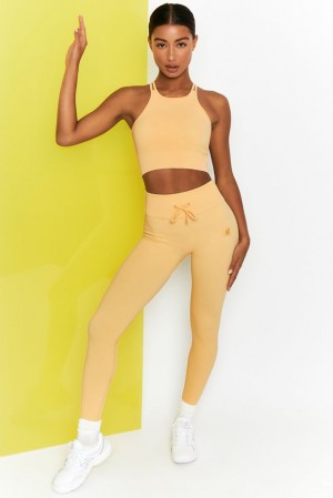 Oh Polly Energise Petite Ribbed Tie Front Full Length Leggings Leggings Yellow | MLNQ-25893