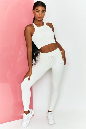 Oh Polly Energise Ribbed Tie Front Full Length Leggings Gym Leggings White | VBFW-09536