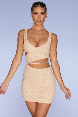 Oh Polly Epernay Embellished Cut Out Mini Dress Mini Dress Sand | LZIH-65320