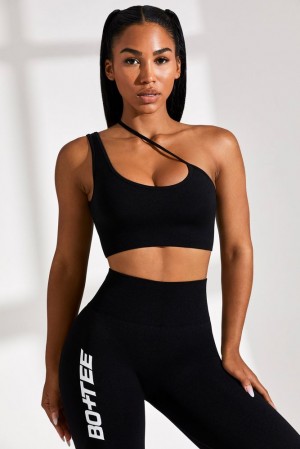 Oh Polly Evolve Asymmetric Seamless Crop Top Bo+Tee Tops Black | MTCG-09516