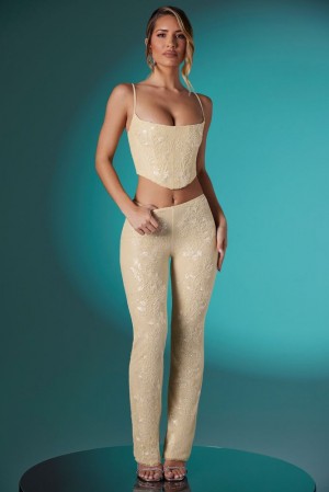 Oh Polly Fallon Tall Embellished Lace Low Rise Trousers Women's Trousers Ivory | DOES-13986