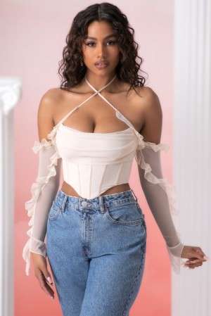 Oh Polly Filia Frill Detail Cowl Neck Crop Top Bo+Tee Tops Stone | MHFA-84269