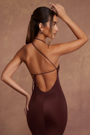 Oh Polly Florenza High Neck Backless Midaxi Dress Midaxi Dress Brown | FSBV-62405